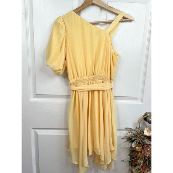 HABITUAL Yellow Polka Dot Puff Sleeve Tie Waist One Shoulder Dress Girls Size 16 - Picture 5 of 10